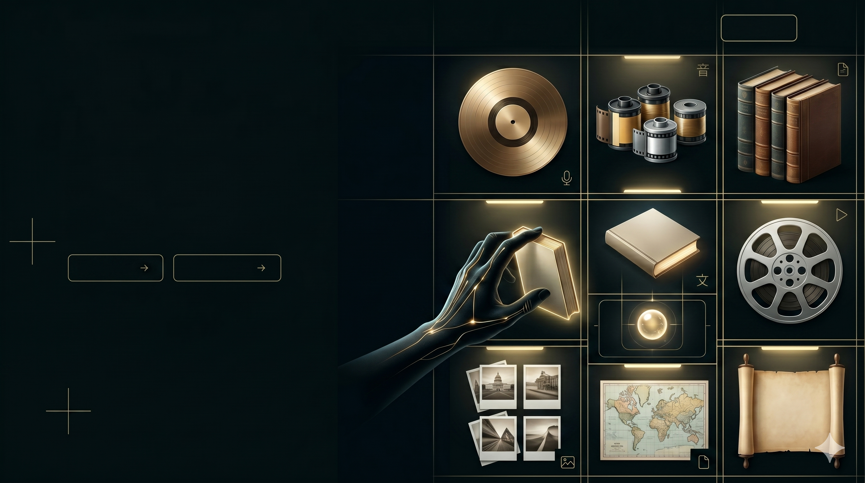GoldenRecords technology visual showing archival data formats and a glowing knowledge cube