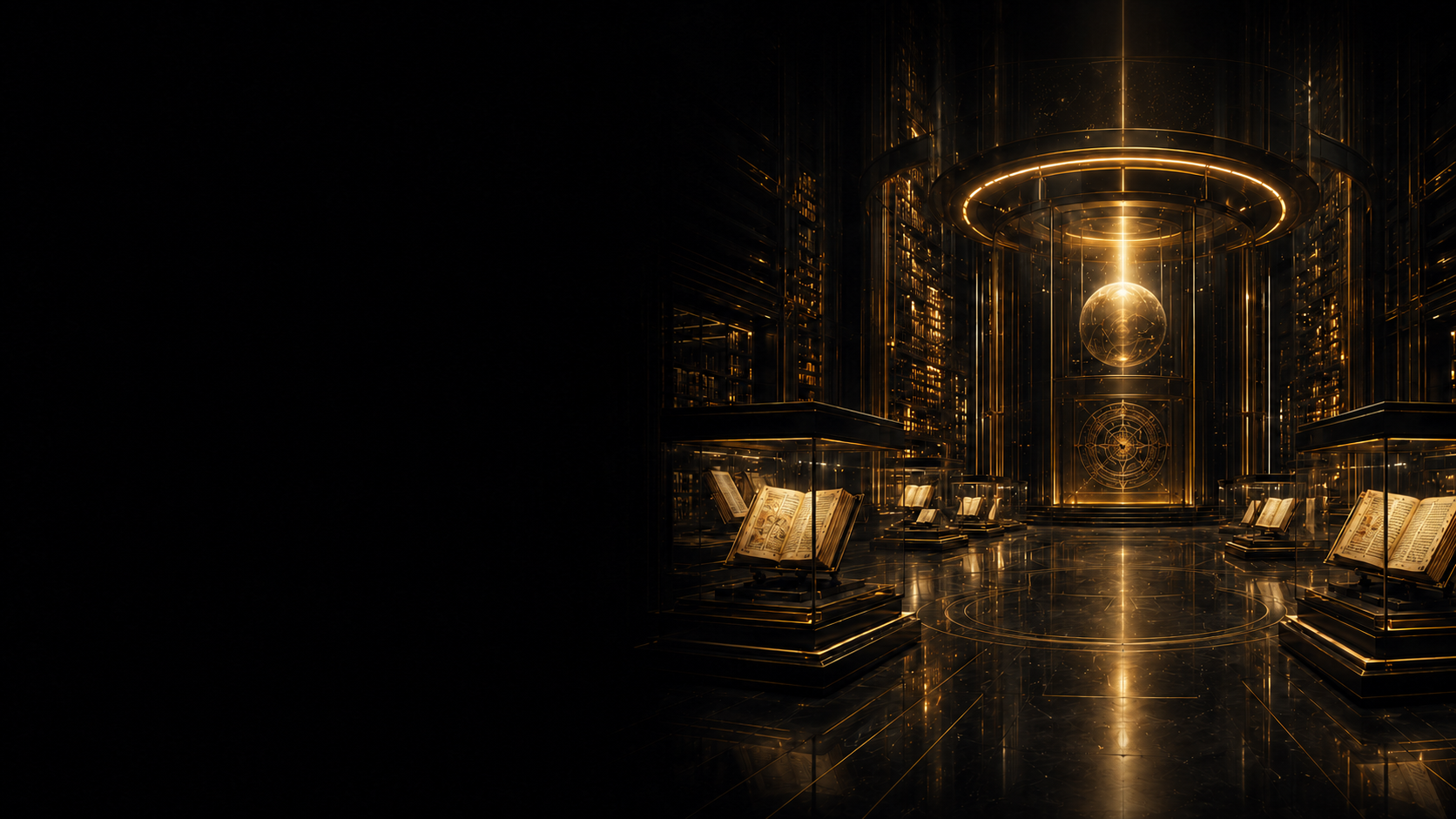 Golden archive vault with illuminated books and preservation core