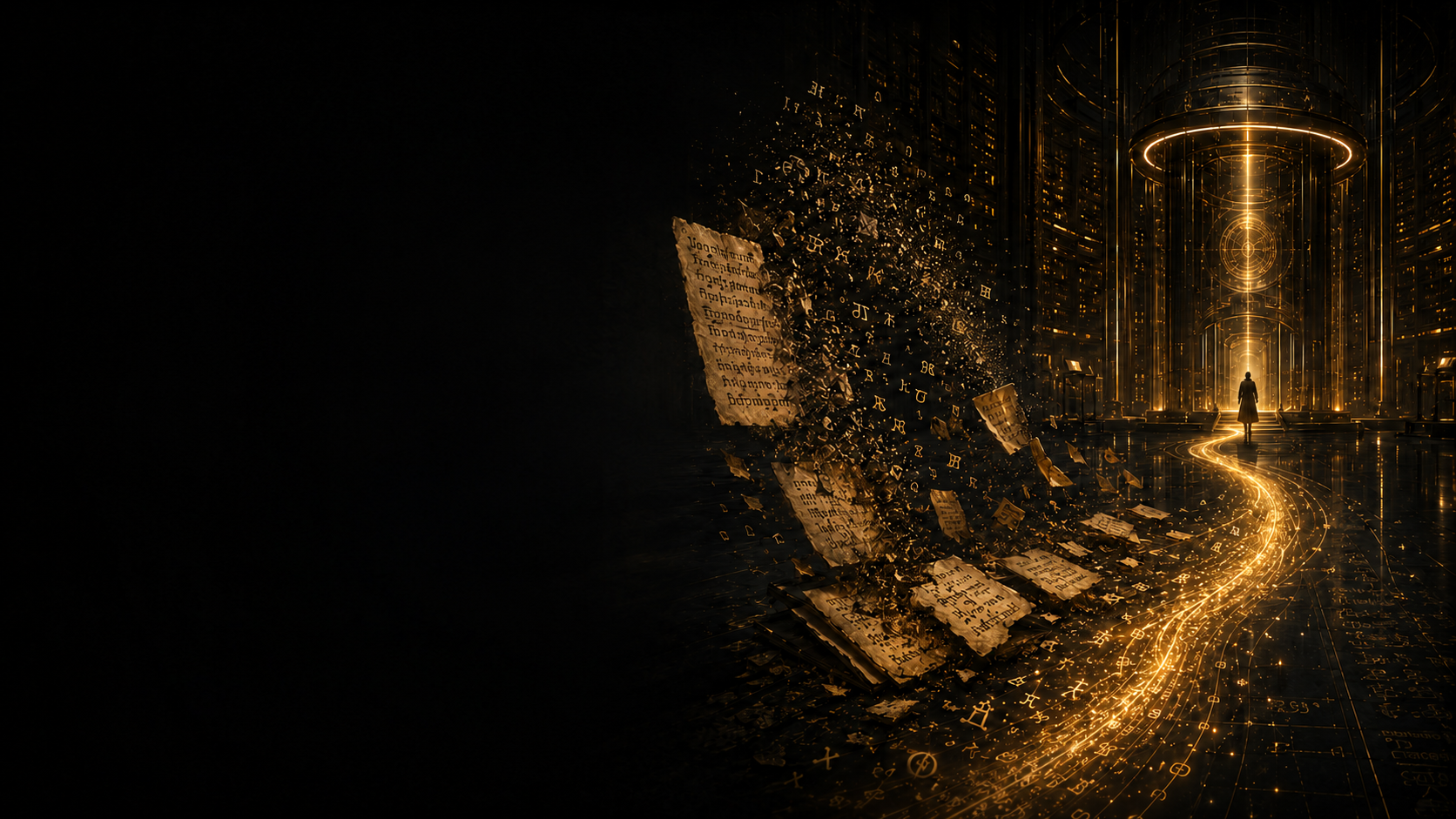 Fragile manuscripts dissolving into golden knowledge light