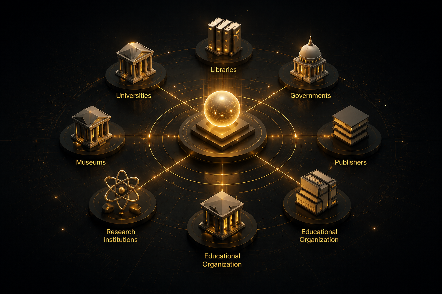 GoldenRecords partner ecosystem map with institutions connected around a glowing archive core